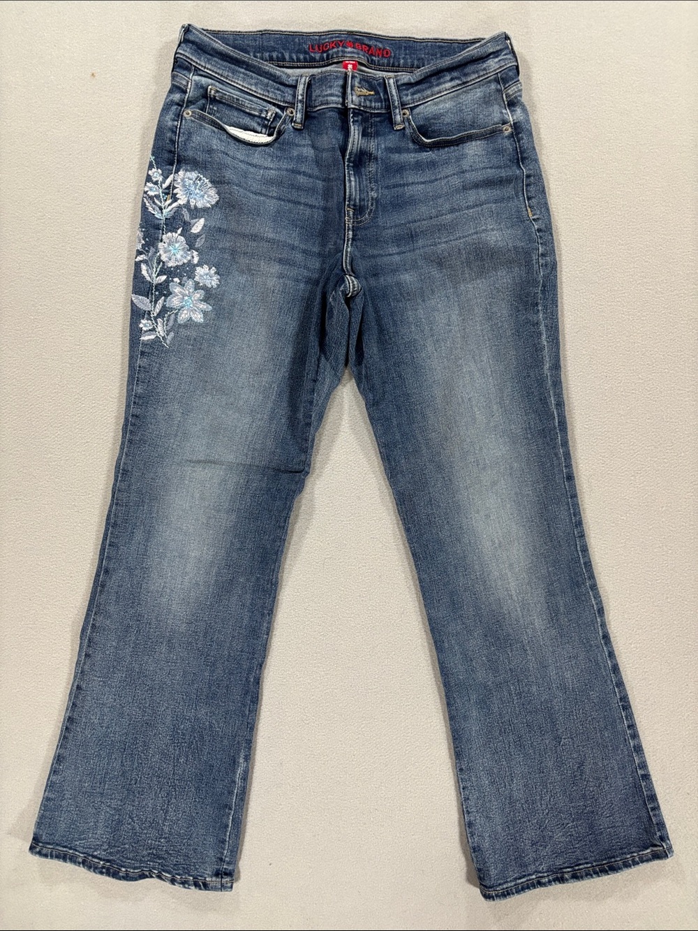 Lucky Brand Blue Flare Jeans with Light Floral Embroidery 10/30